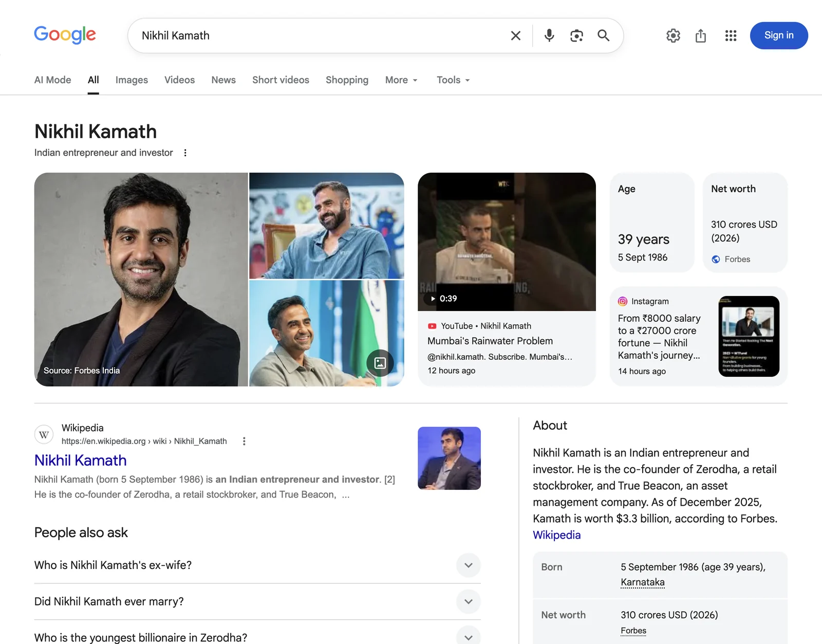 Google search results page for Nikhil Kamath &mdash; Indian entrepreneur and investor