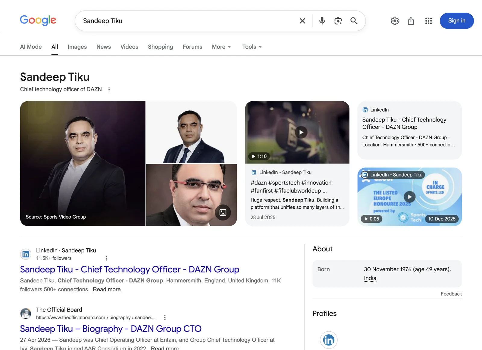 Google search result page for Sandeep Tiku, showing the knowledge panel Google displays for that name