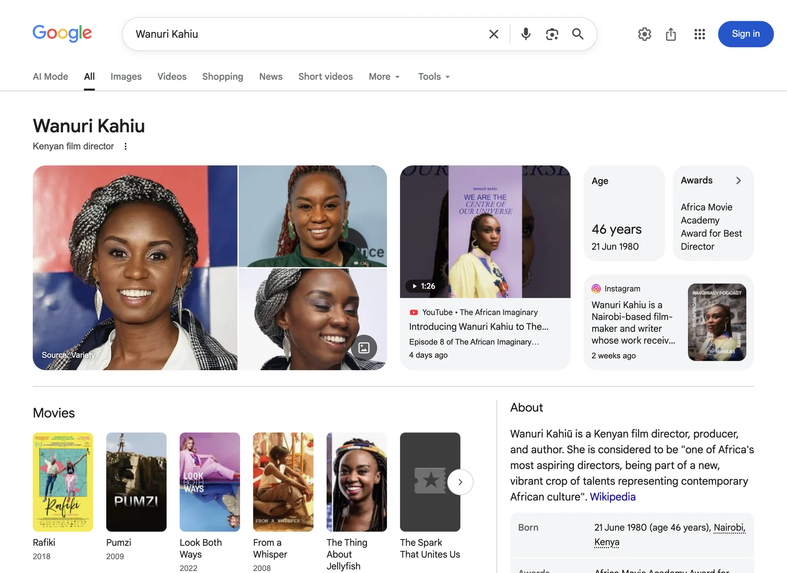 Google search result page for Wanuri Kahiu, showing the knowledge panel Google displays for that name